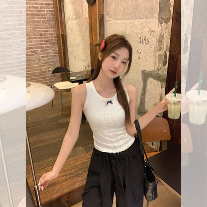 Crew Neck Bow Lace Panel Slim Fit Tank Top