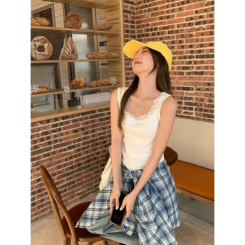 Square Plain Neck Trim Slim Fit Bow Lace Tank Top