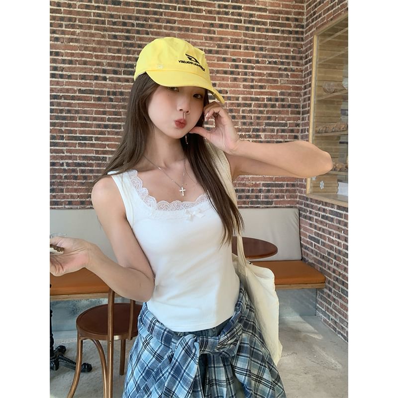 Square Neck Plain Bow Lace Trim Slim Fit Tank Top