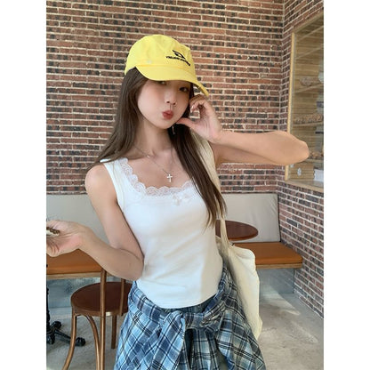 Square Neck Plain Bow Lace Trim Slim Fit Tank Top