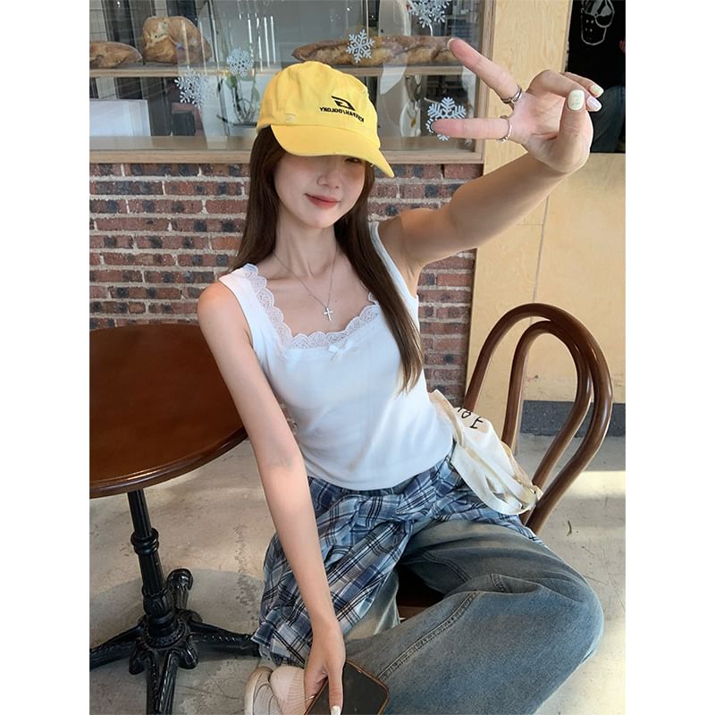 Square Neck Plain Bow Lace Trim Slim Fit Tank Top