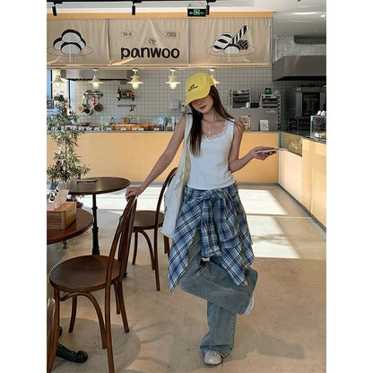 Square Plain Neck Trim Slim Fit Bow Lace Tank Top