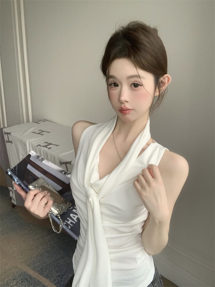 Set: Cowl Neck Plain Slim Fit Tank Top + Scarf