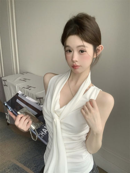 Set: Cowl Neck Plain Slim Fit Tank Top + Scarf