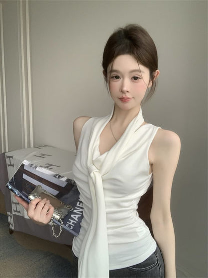 Set: Cowl Neck Plain Slim Fit Tank Top + Scarf