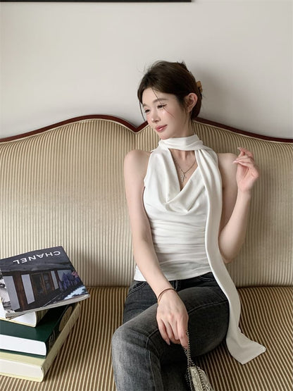 Set: Cowl Neck Plain Slim Fit Tank Top + Scarf
