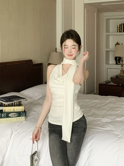 Set: Cowl Neck Plain Slim Fit Tank Top + Scarf