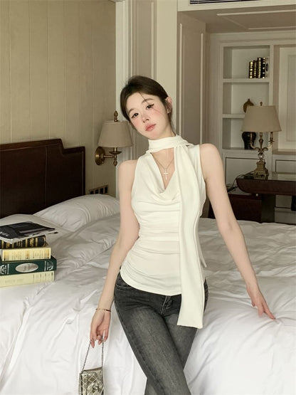 Set: Cowl Neck Plain Slim Fit Tank Top + Scarf