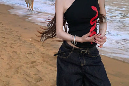 Tank Top One-Shoulder Snake Slim Print Fit Halter