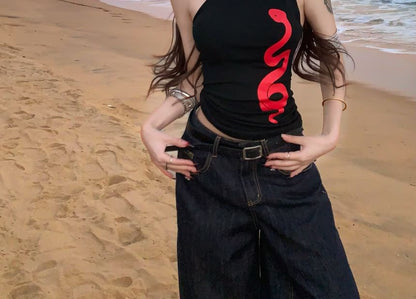 Tank Top One-Shoulder Snake Slim Print Fit Halter