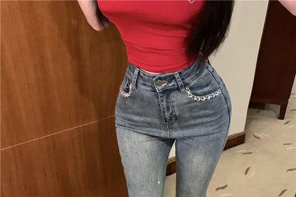 Mid Rise Washed Rhinestone Trim Bootcut Jeans