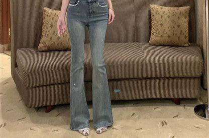 Mid Rise Washed Rhinestone Trim Bootcut Jeans