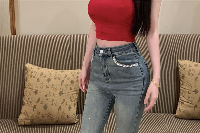 Mid Rise Washed Rhinestone Trim Bootcut Jeans