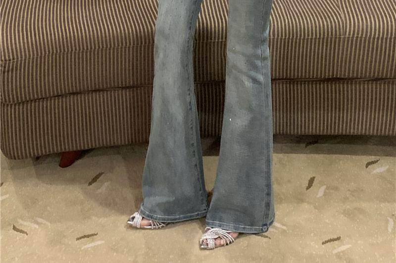 Mid Rise Washed Rhinestone Trim Bootcut Jeans