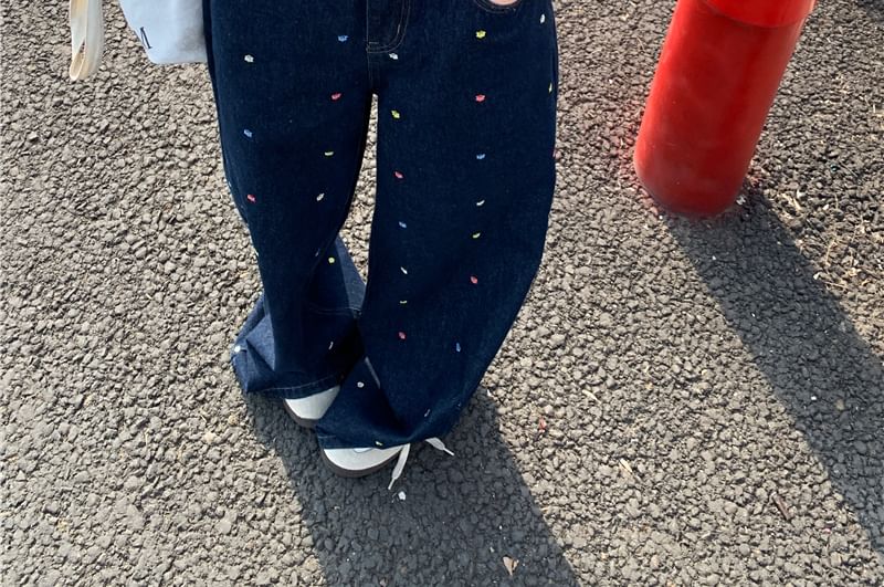 High Waist Floral Embroidered Wide Leg Jeans