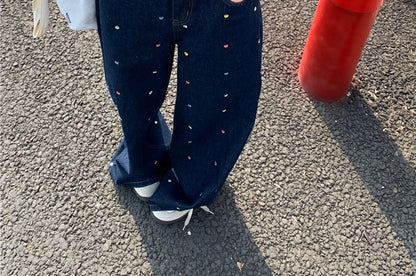 High Waist Floral Embroidered Wide Leg Jeans