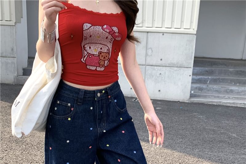 High Waist Floral Embroidered Wide Leg Jeans