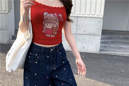 High Waist Floral Embroidered Wide Leg Jeans