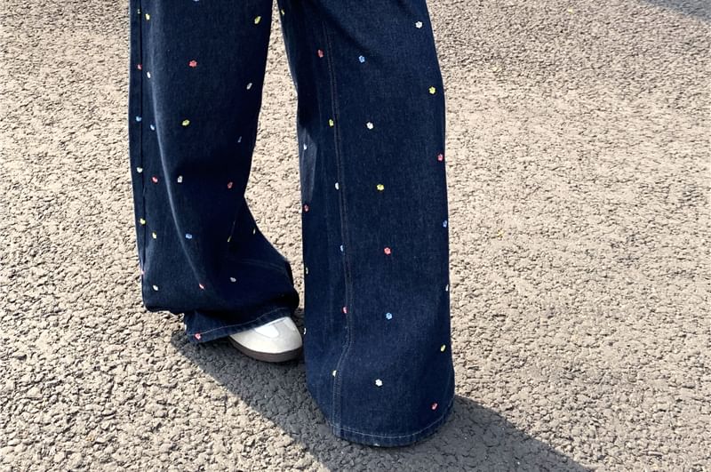 High Waist Floral Embroidered Wide Leg Jeans