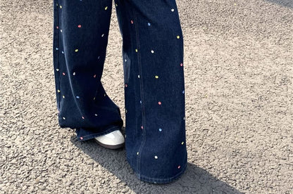 High Waist Floral Embroidered Wide Leg Jeans