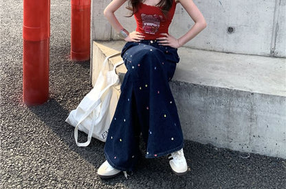 High Waist Floral Embroidered Wide Leg Jeans