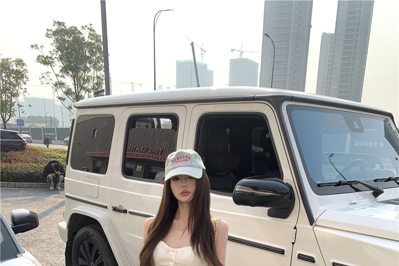 Lace Trim Button-Up Crop Camisole Top / Low Rise Washed Lace Panel Wide Leg Cargo Jeans