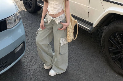 Lace Trim Button-Up Crop Camisole Top / Low Rise Washed Lace Panel Wide Leg Cargo Jeans