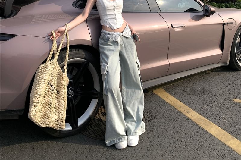 Lace Trim Button-Up Crop Camisole Top / Low Rise Washed Lace Panel Wide Leg Cargo Jeans