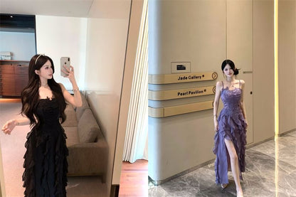 Spaghetti Strap Plain Lace Panel Ruffle Ruched Slit Maxi A-Line Dress