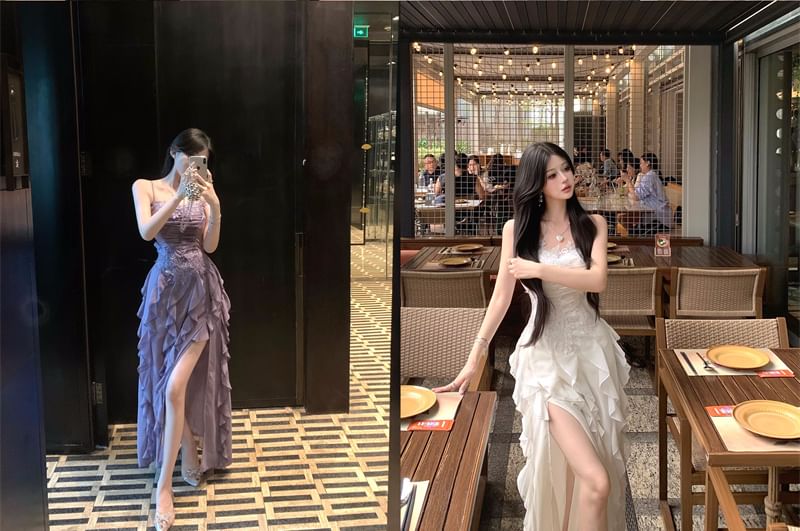 Spaghetti Strap Plain Lace Panel Ruffle Ruched Slit Maxi A-Line Dress