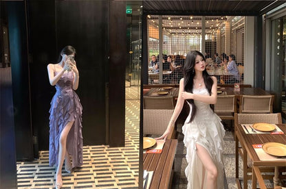 Spaghetti Strap Plain Lace Panel Ruffle Ruched Slit Maxi A-Line Dress