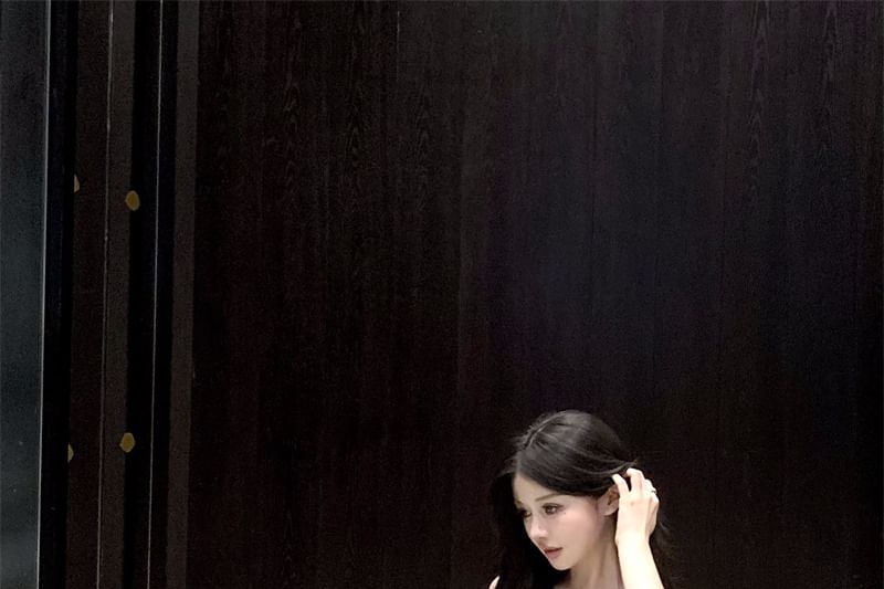 Spaghetti Strap Plain Lace Panel Ruffle Ruched Slit Maxi A-Line Dress