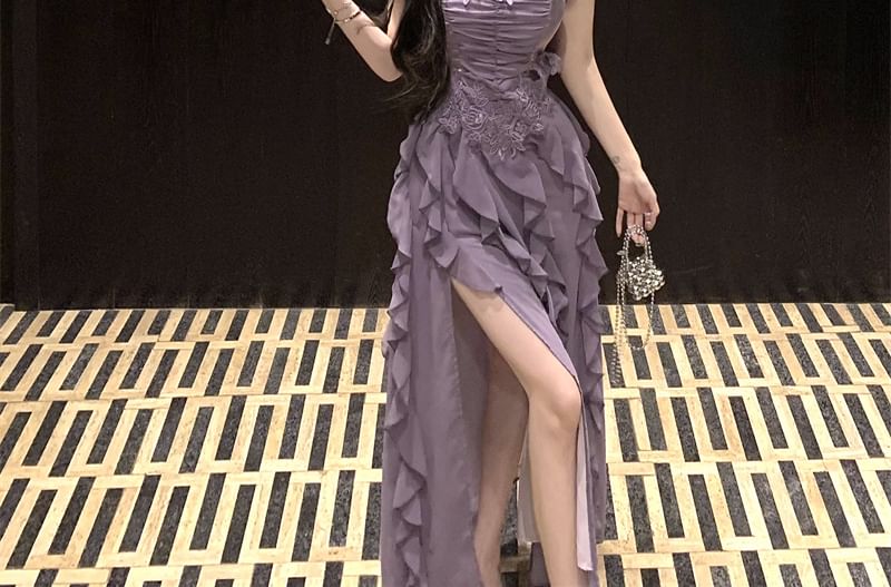 Spaghetti Strap Plain Lace Panel Ruffle Ruched Slit Maxi A-Line Dress