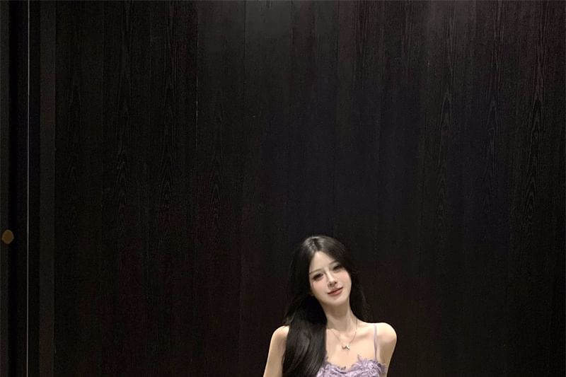 Spaghetti Strap Plain Lace Panel Ruffle Ruched Slit Maxi A-Line Dress