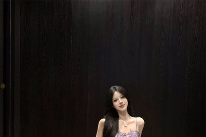 Spaghetti Strap Plain Lace Panel Ruffle Ruched Slit Maxi A-Line Dress