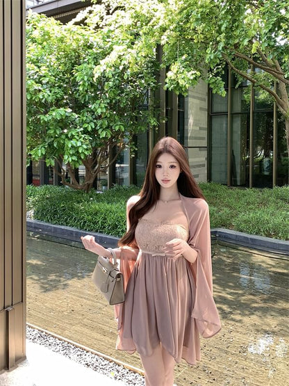 Strapless Lace Panel Bow Accent Mini A-Line Dress / Plain Shawl