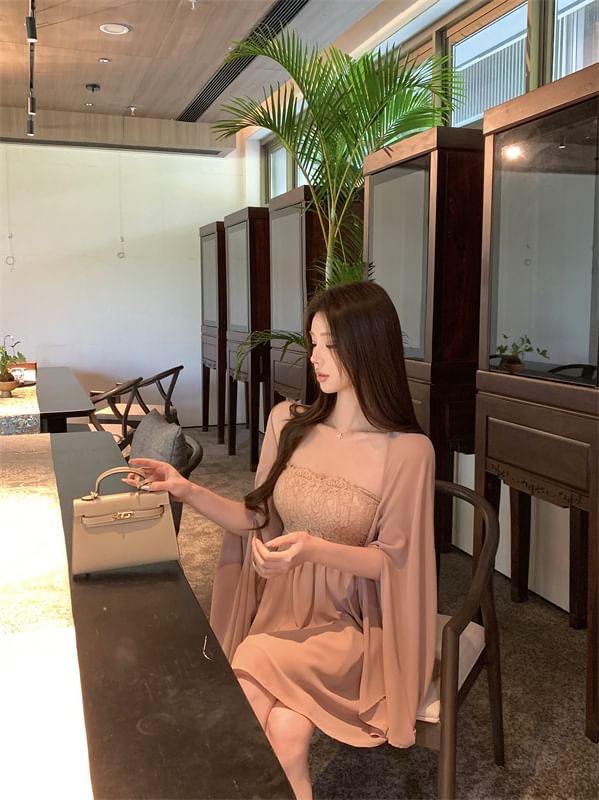 Strapless Lace Panel Bow Accent Mini A-Line Dress / Plain Shawl