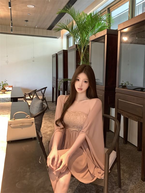 Strapless Lace Panel Bow Accent Mini A-Line Dress / Plain Shawl