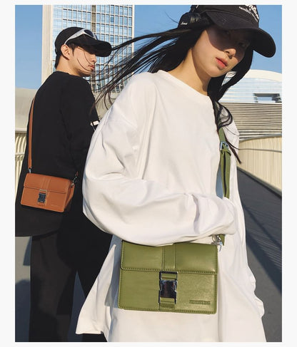 Leather Crossbody Faux Bag Flap Buckled Plain