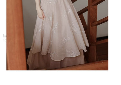 Short-Sleeve V-Neck Floral Embroidered Lace Panel Layered A-Line Evening Dress