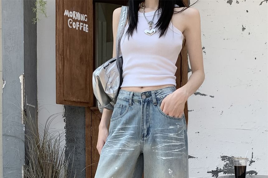 High Waist Washed Ripped Wide Leg Jeans