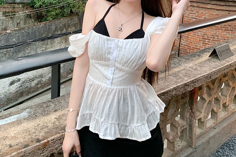 Plain Halter Top / Puff-Sleeve Bow Open Back Peplum Blouse