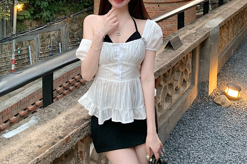 Plain Halter Top / Puff-Sleeve Bow Open Back Peplum Blouse