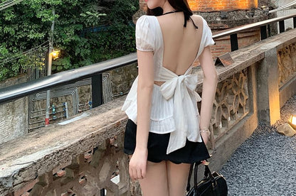 Plain Halter Top / Puff-Sleeve Bow Open Back Peplum Blouse