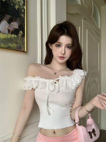 Short-Sleeve Off-Shoulder Plain Lace Trim Cropped T-Shirt