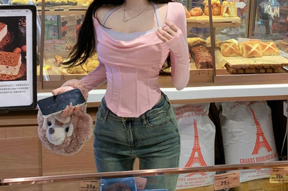 Long-Sleeve Two Tone Asymmetrical Mock Two-Piece Slim Fit Tee