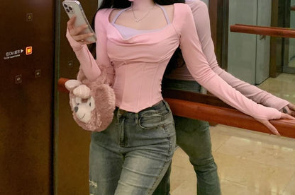 Long-Sleeve Two Tone Asymmetrical Mock Two-Piece Slim Fit Tee