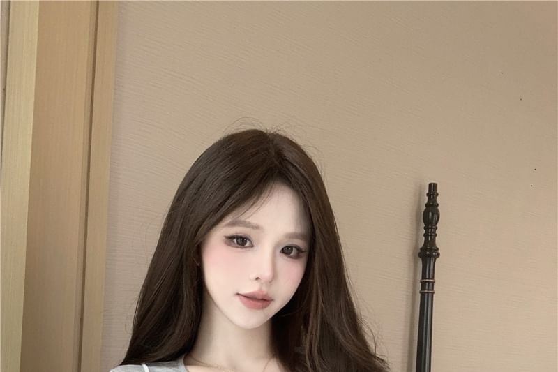 Set: Short-Sleeve Crew Neck Plain Tee + Floral Ruffle Sheer Cami Top