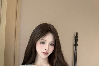 Set: Short-Sleeve Crew Neck Plain Tee + Floral Ruffle Sheer Cami Top