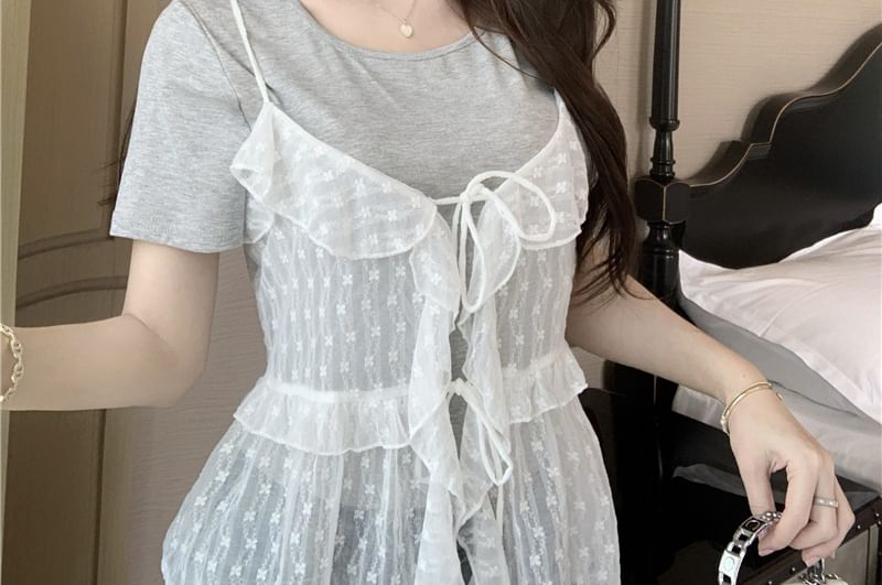 Set: Short-Sleeve Crew Neck Plain Tee + Floral Ruffle Sheer Cami Top